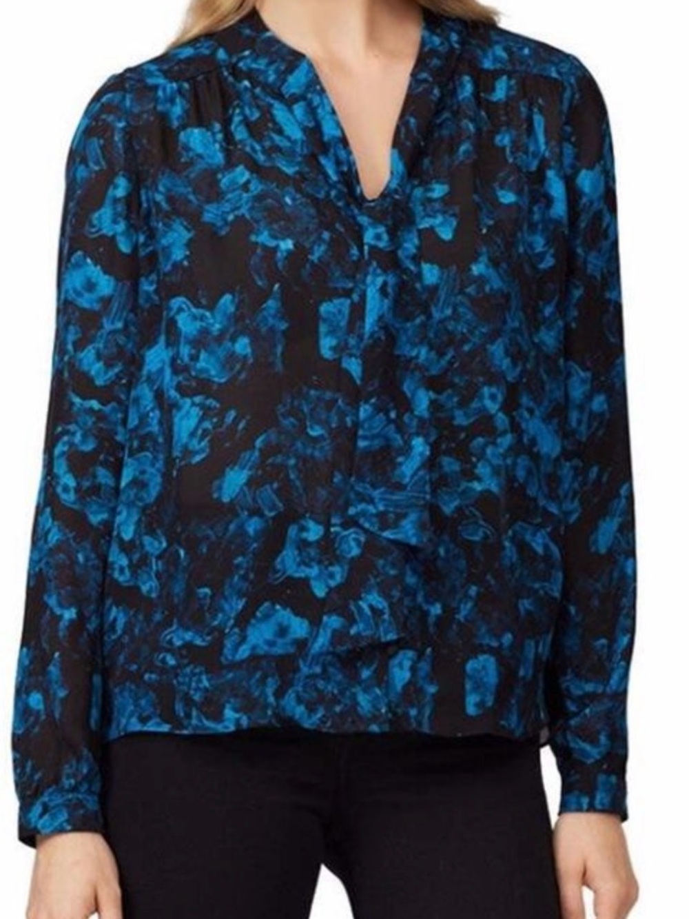 Parker Black Blouse with Blue Watercolor Print and Neck Tie